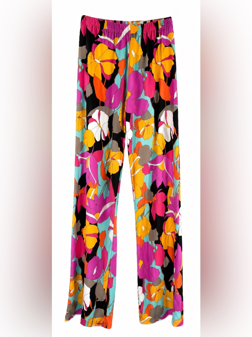 Trina Turk Floral Wide Leg Pants M Pink Orange Tropical Resort Pull On